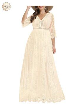 Plus Size Boho Lace Maternity Wedding Dress Long V-Neck Mesh Sleeves